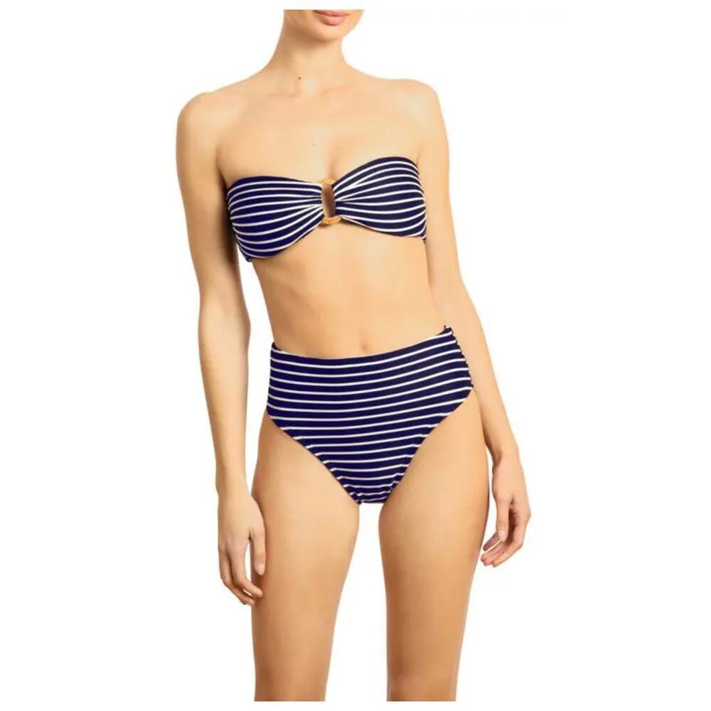 NEW Robin Piccone Parker Stripe Bandeau Bikini Top & Bikini Bottoms Size Medium